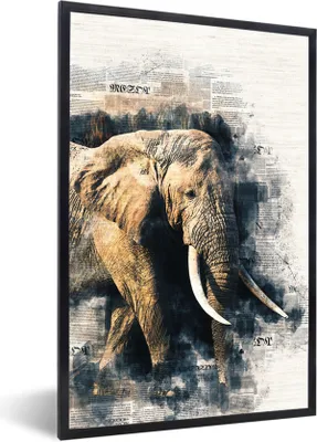 Produktbild von MuchoWow® MuchoWow® Gerahmtes Poster Elefant - Farbe - Zeitungspapier 20x30 cm - Poster mit zchwarzem Bilderrahmen - Drucken - Bilder Poster im Rahmen