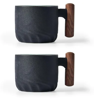 Produktbild von Espressotassen Keramik mit Holzgriff 80 ml Schwarz 2er Set