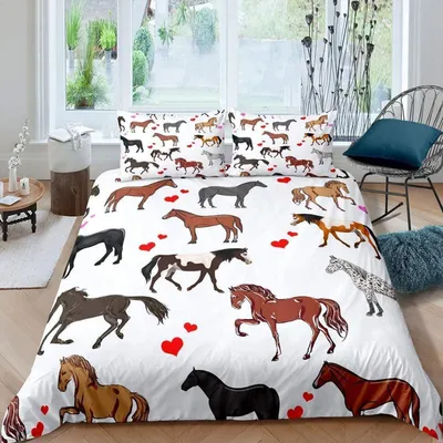 Zdjęcie produktu dla Komplet pościeli 135x200 cm, dla dzieci, dziewczynki, motyw: konie, kreskówki, zwierzęta, wielokolorowy, wykonany z mikrofibry