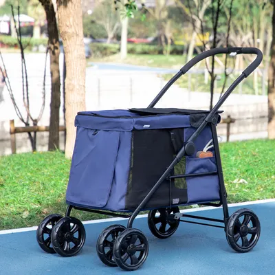 Produktbild von Hundebuggy klappbar mit Kissen, Hundewagen, Oxford-Gewebe, 3 Seitentaschen, Blau | 102 x 62 x 105 cm | bis 20 kg | 4 Räder mit Bremse