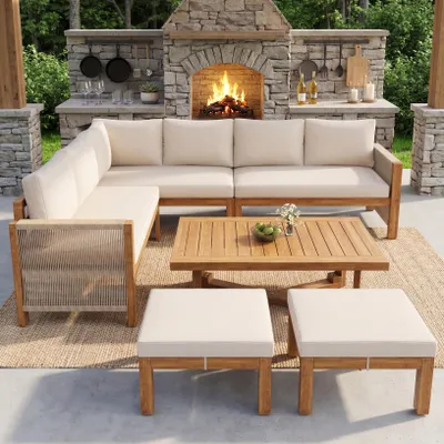 Produktbild von Flieks Gartenmöbel-Set 6-tlg., Gartensofa mit Hocker und Tisch, Gartenloungeset Balkonmöbelset 8 Sitzer aus Akazie, Terassenmöbelset mit Kissen, Beige