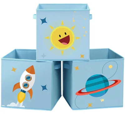 Produktbild von SONGMICS Aufbewahrungsbox, 3er Set, Spielzeug-Organizer, 30 x 30 x 30 cm, Faltbox, Stoffbox mit Griffen, für Kinderzimmer, Spielzimmer, mit Weltall-Motiven, blau RFB001B03