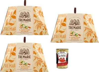 Produktbild von Tre Marie Il Panettone Milanese 3x 1 kg – klassischer italienischer Weihnachtskuchen mit Rosinen & kandierten Zitrusschalen – weiche, feinporige Krume Langzeit-Teigführung + Italian Gourmet polpa 400g