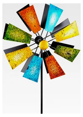 Produktbild von Metall Windrad - Doppelwindrad Glitter – Gesamthöhe: 127 cm, Windrad-Durchmesser: 37 cm – Gartendekoration – inkl. 2-zackiger Bodenverankerung