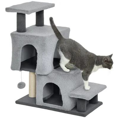 Produktbild von PawHut Katzentreppe mit 4 Stufen, höhenverstellbar, mit 2 Häuschen, Kratzbaum und Spielball, grau
