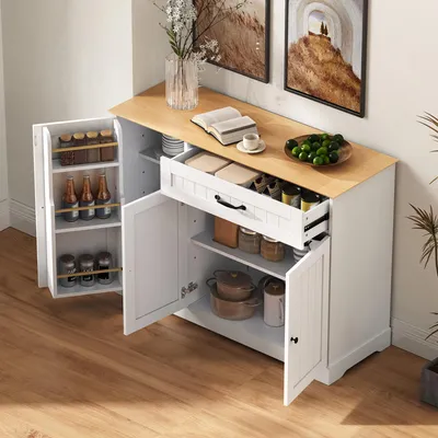 Produktbild von STILVORA Sideboard Modernes, elegantes mit 3 Türen Buffetschrank mit einer Schublade und Buffetschrank Aufbewahrungsschrank für Esszimmer, Wohnzimmer und Diele (Weiß+Natur)