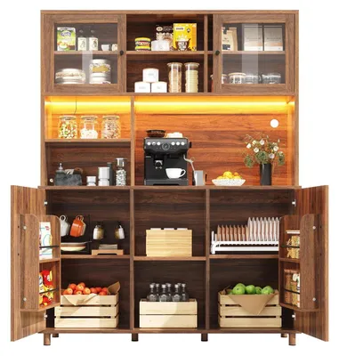 Image de Armoire haute pour salon, meuble de rangement pour cuisine, armoire pour salle à manger, dimensions 140x40x185 cm, finition noyer, avec éclairage LED
