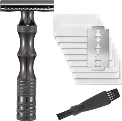 Image de INF Rasoir de Sûreté Métal Vintage, 10 Lames et Brosse de Nettoyage Le noir