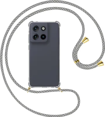 Produktbild von Handykette Backcover-Schutzhülle mit Band (Metall goldfarben) für Motorola Moto G Stylus 5G (2025) - weiß/grau kariert