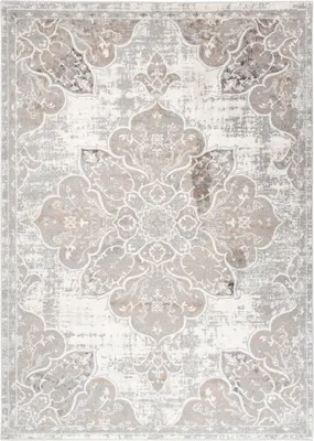 A top-down view of a rectangular rug with a distressed, ornate pattern.