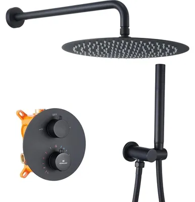 Image de Système de douche encastré, thermostat, douchette de pluie de 12 pouces, pommeau de douche à main, laiton, noir