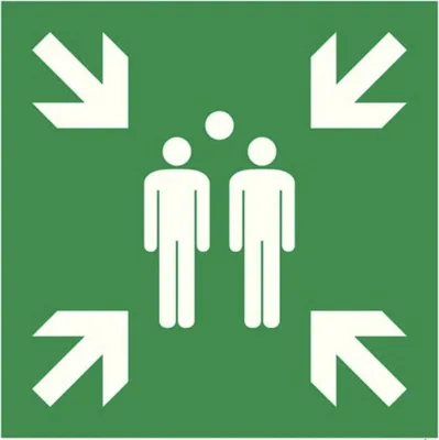 A safety sign indicating a meeting point.