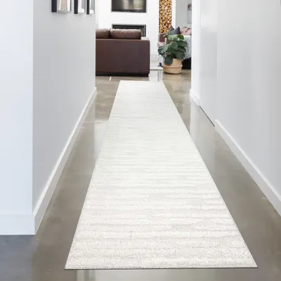 Produktbild von Teppich Wohnzimmer Schlafzimmer mit verschieden gemusterten Linien in creme grau Größe - 80 x 300 cm