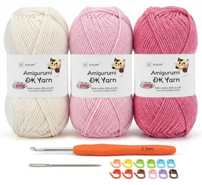 Obrázek produktu pro Příze na háčkování, 5 x 100g, směs bavlny/akrylu, tloušťka DK, vícebarevná, růžová/bílá
