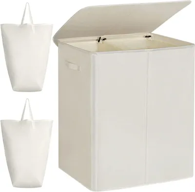 Produktbild von Doppelwaschkorb - Zusammenklappbarer Korb - Zum Sortieren von Kleidung - Mit Deckel und Taschen - 154 Liter - Beige