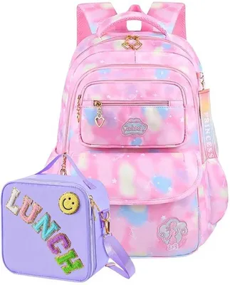 Immagine prodotto di Ultiluxe Zaino con borsa pranzo - 2 pezzi - Zaino scolastico per bambini - 40 x 26 x 18 cm - Rosa/Viola - Set per ragazze - Chiusura a cuore