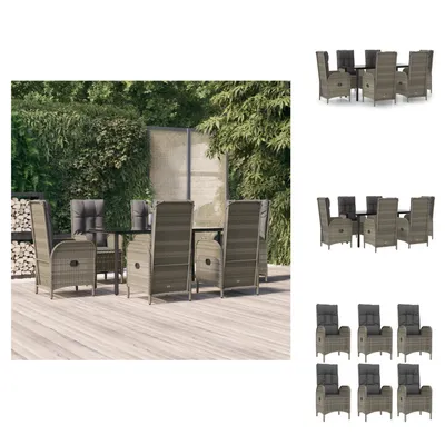 Produktbild von vidaXL 7-tlg. Garten-Essgruppe mit Kissen Schwarz und Grau Poly Rattan -  Gartenmöbel-Sets