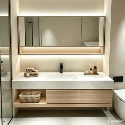 Immagine prodotto di Set di mobili da bagno con lavabo in pietra sinterizzata, mobile sottolavabo sospeso e pensile a specchio, moderno lavabo per il bagno, dimensioni 120x55 cm [RW2032JG-120 K]
