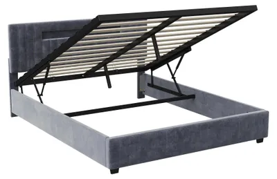 Image de Lit matelassé - Lit double - 160 x 200 cm - Tête de lit avec éclairage LED - Rangement hydraulique - Sommier à lattes - Velours - Gris