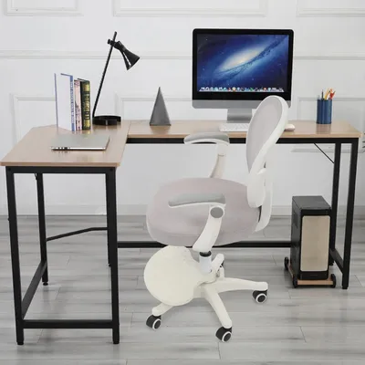 Image de Chaise de bureau pour enfant - Chaise ergonomique - Réglable en hauteur de 76 à 86 cm - Accoudoirs rabattables - Dossier - Gris clair