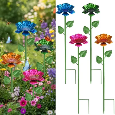 Immagine prodotto di Set di 4 abbeveratoi per api, in metallo, a forma di fiore, con altezza regolabile, ideali per giardino e balcone