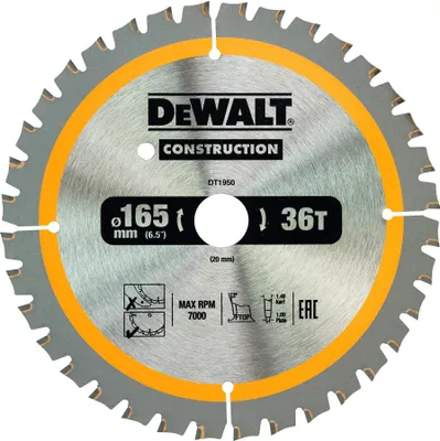 Obrázek produktu pro DeWalt DT1950 pilový kotouč 165*20mm, 36 zubů, FTOP 3°, šířka kotouče 1 mm vhodný pro aku  pily