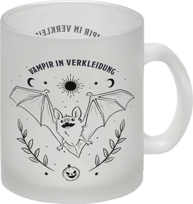 Produktbild von Glas Tasse mit Fledermaus Motiv und Spruch - Vampir in Verkleidung