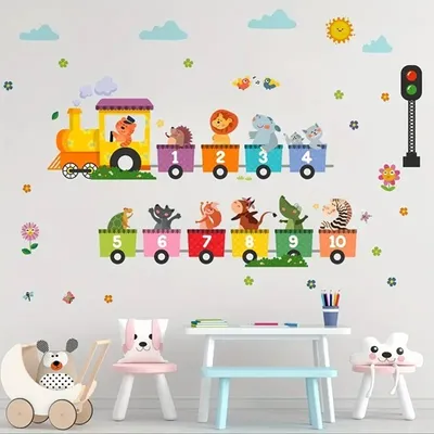 Produktbild von GKA Wandtattoo für Kinder GK83 Zug mit 10 Waggons Zahlen und Tiere Wandsticker Kinderzimmer Wandaufkleber 90 cm