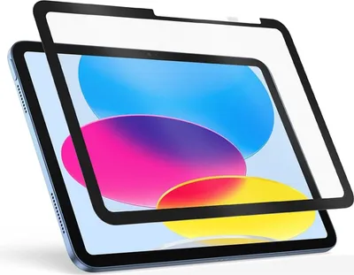 A screen protector is shown placed over an iPad.