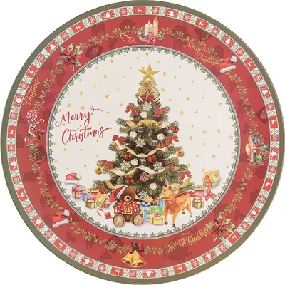 Produktbild von Clayre & Eef Unterteller Ø 33 cm Rot Beige Kunststoff Rund Weihnachtsbaum Merry Christmas