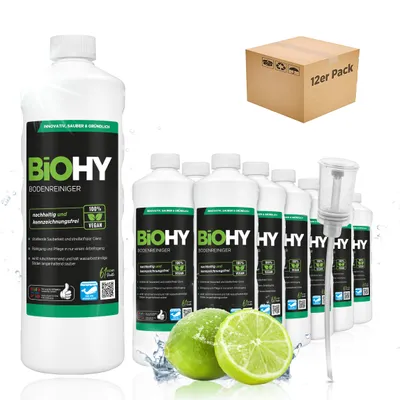 Produktbild von BiOHY Bodenreiniger für Wischroboter (12x1l Flasche) + Dosierer | Konzentrat für alle Wisch & Saugroboter mit Nass-Funktion | nachhaltig & ökologisch