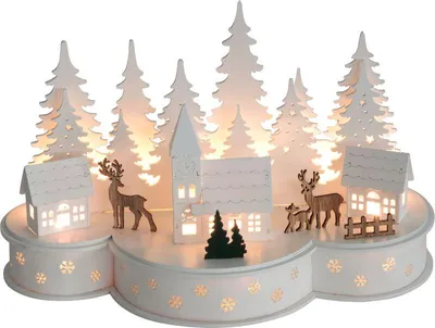 Immagine prodotto di Decorazione MagicHome Natalizia, Villaggio con cervi, 10 LED bianco caldo, 2xAA, MDF, 30x14x19,5 cm