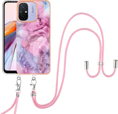 Immagine prodotto di Custodia con cinturino per Xiaomi Redmi 12C, paraurti in TPU a fantasia, custodia protettiva con cinturino regolabile Rosa