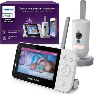 A product shot of a Philips Avent Connected Baby Monitor set, including the parent unit, baby unit, and packaging.