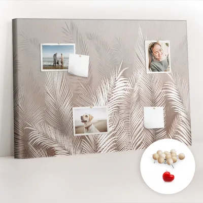 Obrázek produktu pro Korková nástěnka s kolíčky - Tabule s kolíky pro fotografie a poznámky - 100x70 cm - Připínáčky dřevěné 100 kusů - Tropické listy