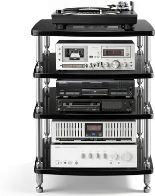 Produktbild von 4-stufiger HiFi-Rack AV-Regal Plattenspieler Regal Aluminiumlegierung Holz Ständer Audio Video Komponenten für Audioanlage Stereoanlagen 60x52x83.5cm
