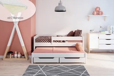 Produktbild von Ausziehbett Felix 180x80 Kinderbett mit Rausfallschutz & Lattenrost weiß 80 x 180 für Mädchen und Jungen Massivholz Kiefer, mit Matratzen und Schubladen