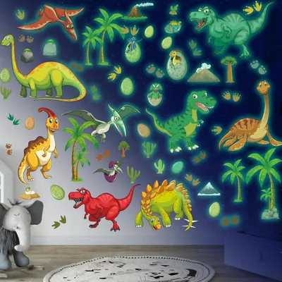 Imagen del producto de Calcomanías luminosas de dinosaurios, 3 láminas, autoadhesivas, para habitaciones infantiles