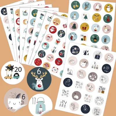 Produktbild von Sets mit Weihnachtsmotiven – Selbstklebend – Adventszahlen 1-24 – Zum Basteln und Dekorieren – 10 Sets