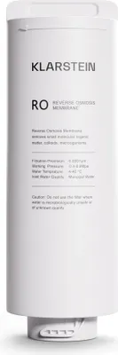 A white cylindrical water filter cartridge with text and branding.