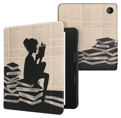 Produktbild von kwmobile Schutzhülle für Tolino Epos 3 Hülle - eReader Flip Case mit Auto Sleep Funktion - Lesende Frau mit Schwarz Beige