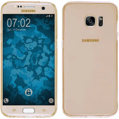 A gold Samsung Galaxy S7 Edge smartphone shown from the front and back, with a clear protective case.