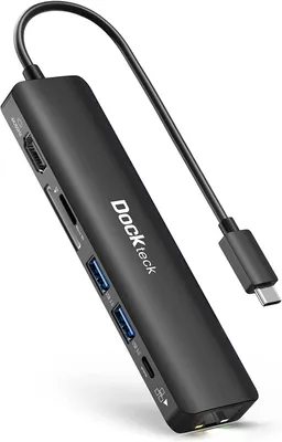 Produktbild von USB C Hub Ethernet Adapter, Dockteck 7-in-1 Dock, USB-C Adapter mit 4K 60Hz HDMI, LAN RJ45, 100W PD, SD/Micro SD, 2 USB 3.0, für MacBook Pro/Air M1, iPad Pro/Air, Surface Pro 7 - Multiport