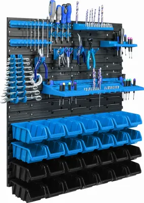 Produktbild von 28 Stapelboxen Wandregal Kunststoff 77 x 78 cm Werkzeughalter Werkstatt Garage  Lagersystem Sichtlagerkästen Schütte