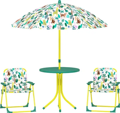 Produktbild von AIYAPLAY Kindersitzgruppe mit Sonnenschirm Höhenverstellbar Kindersitzgarnitur Kindertisch mit 2 Klappstühlen Sitzgarnitur Kinder Sitzgruppe Outdoor Gartenmöbel für Garten Strand, Grün