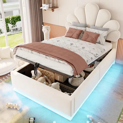 Produktbild von Merax Polsterbett 90x200cm mit Blüten Kopfteil und LED Beleuchtung, Doopelbett mit Hydraulischem Stauraum, Metallrahmen, Samt Stoff, Beige