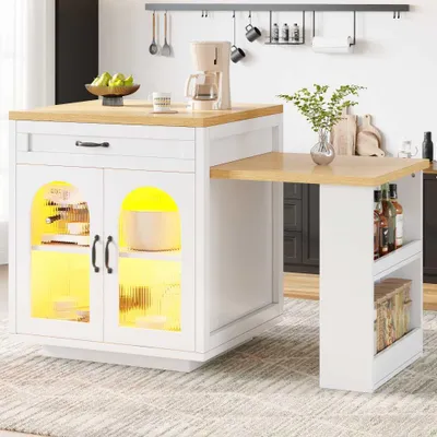 Produktbild von Moderne Kücheninsel mit LED, Schubladen & verstellbaren Regalböden, Sideboard mit Glastüren & MDF-Arbeitsplatte, ausziehbar, für Essbereich, Weiß