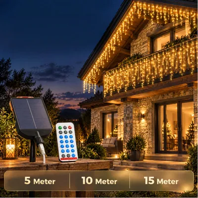 Obrázek produktu pro VA-Cerulean Solární LED osvětlení ve tvaru ledových krystalů, délka 15 metrů, 600 LED diod, teplé bílé barvy, USB-C, s dálkovým ovládáním