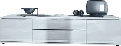 Produktbild von Vladon TV Lowboard Linio V2, Fernsehtisch mit 2 Türen und 2 Schubladen – Weiß / Weiß Hochglanz (166,5 x 37,5 x 35 cm)