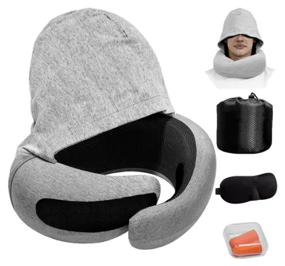 Produktbild von Nackenkissen Flugzeug mit Kapuze, Ohrstöpsel Flugzeug, Schlafmaske und Aufbewahrungstasche – Ergonomisches Reisekissen aus Memory-Schaum für Langstreckenflug, Autokissen, 360°Support